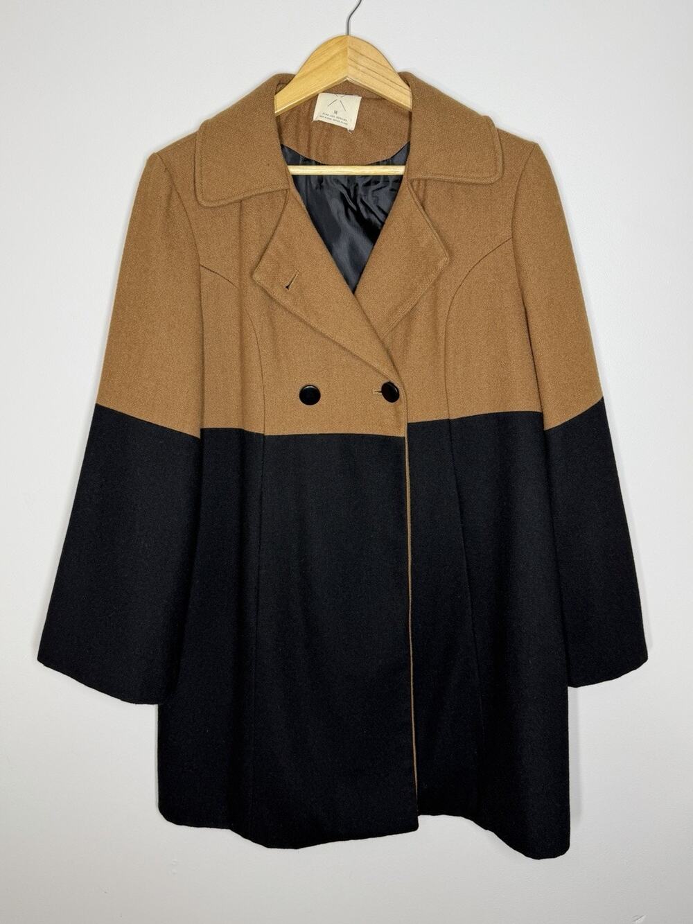 Pins & Needles Double Breasted Wool Blend Coat Womens M Black & Tan Colorblock